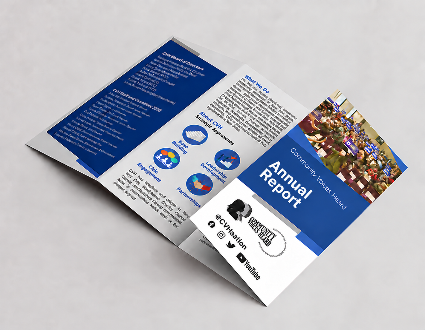 Annual report brochure shown as an open printed spread