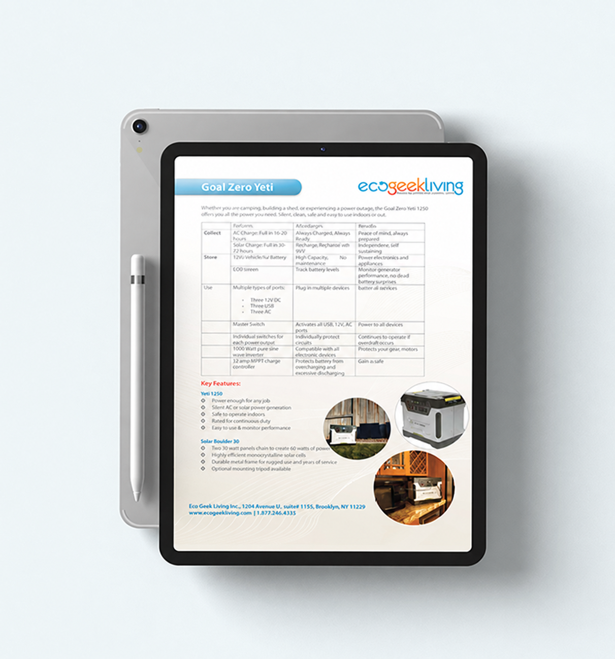 Product sell sheet displayed on a tablet